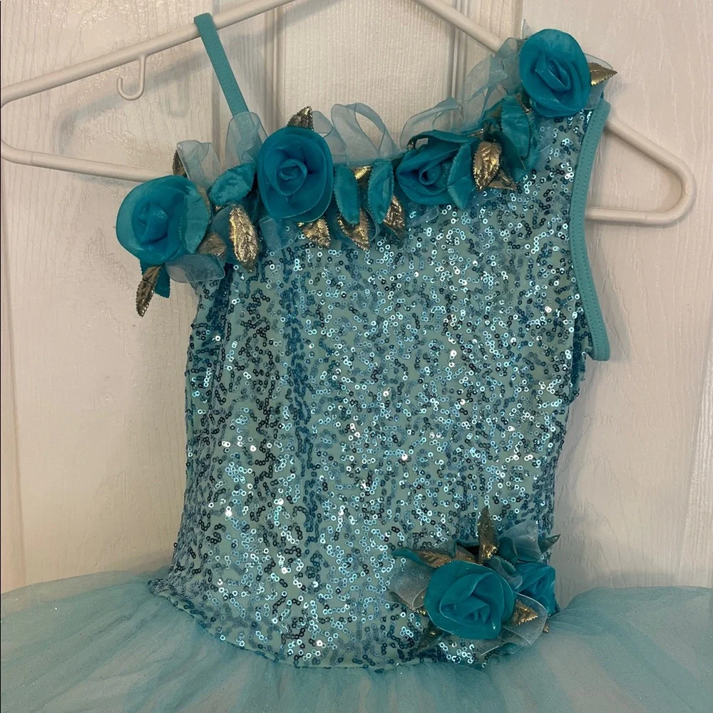 Weissman Blue Sequin Tulle dance costume with Floral Accents